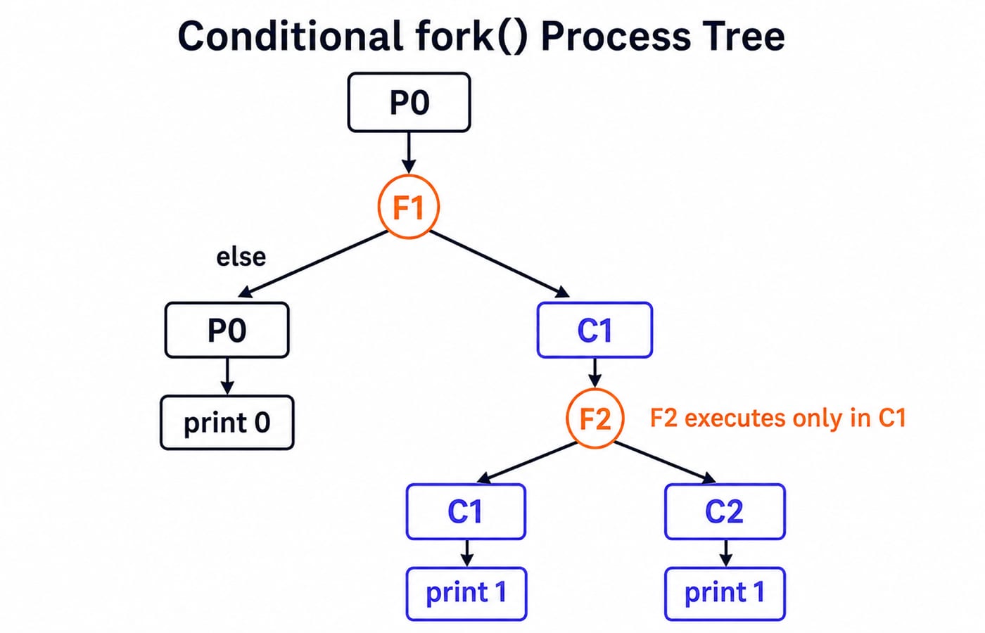 The process tree for the conditional example, with P0 at the root; F1 creating C1, P0 labeled else and print 0; F2 executed only by C1 to create C2; and both C1 and C2 labeled print 1.