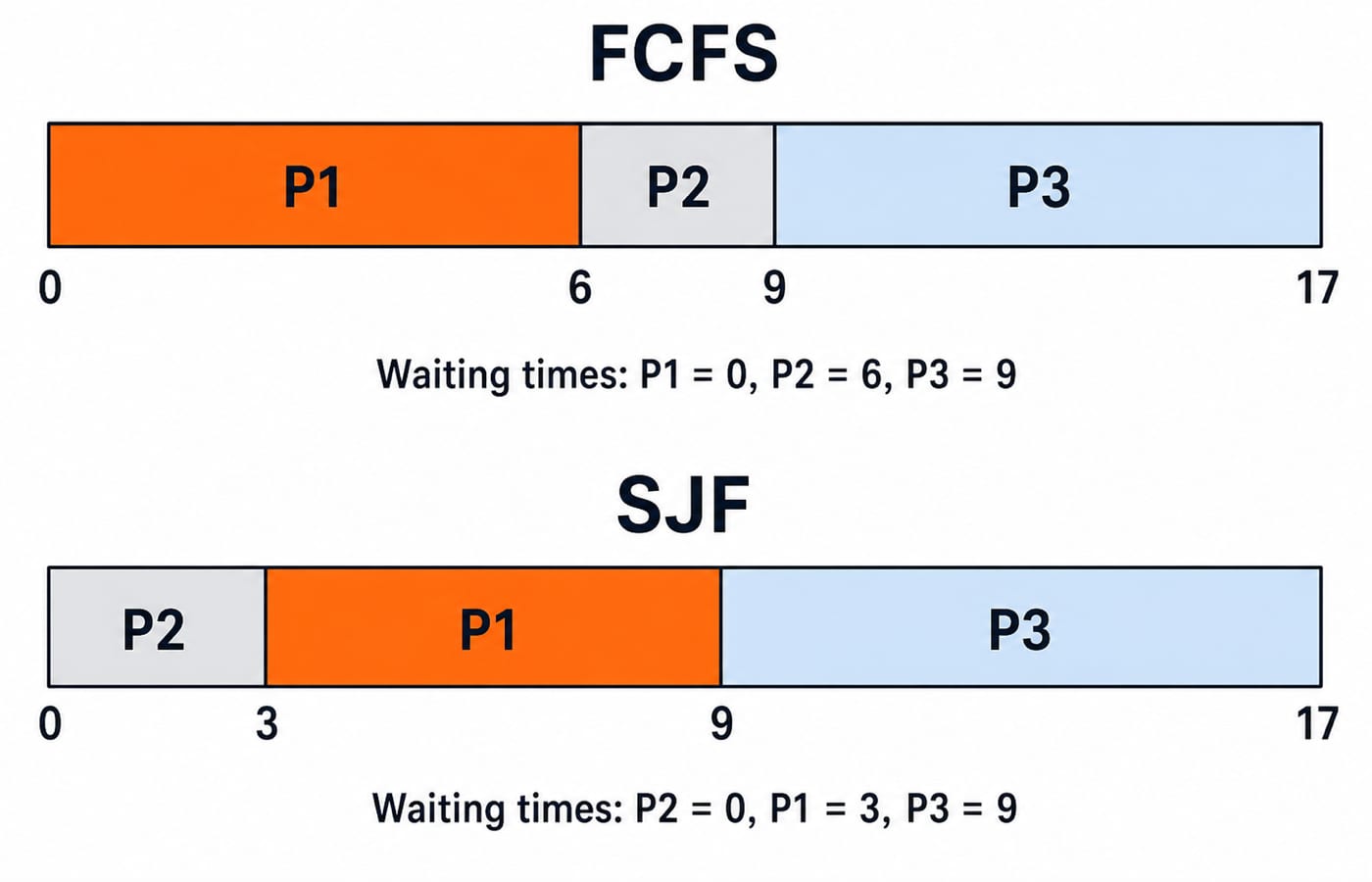 Two Gantt charts stacked. Top: FCFS order P1(0-6) P2(6-9) P3(9-17). Bottom: SJF order P2(0-3) P1(3-9) P3(9-17), with waiting times annotated below each.