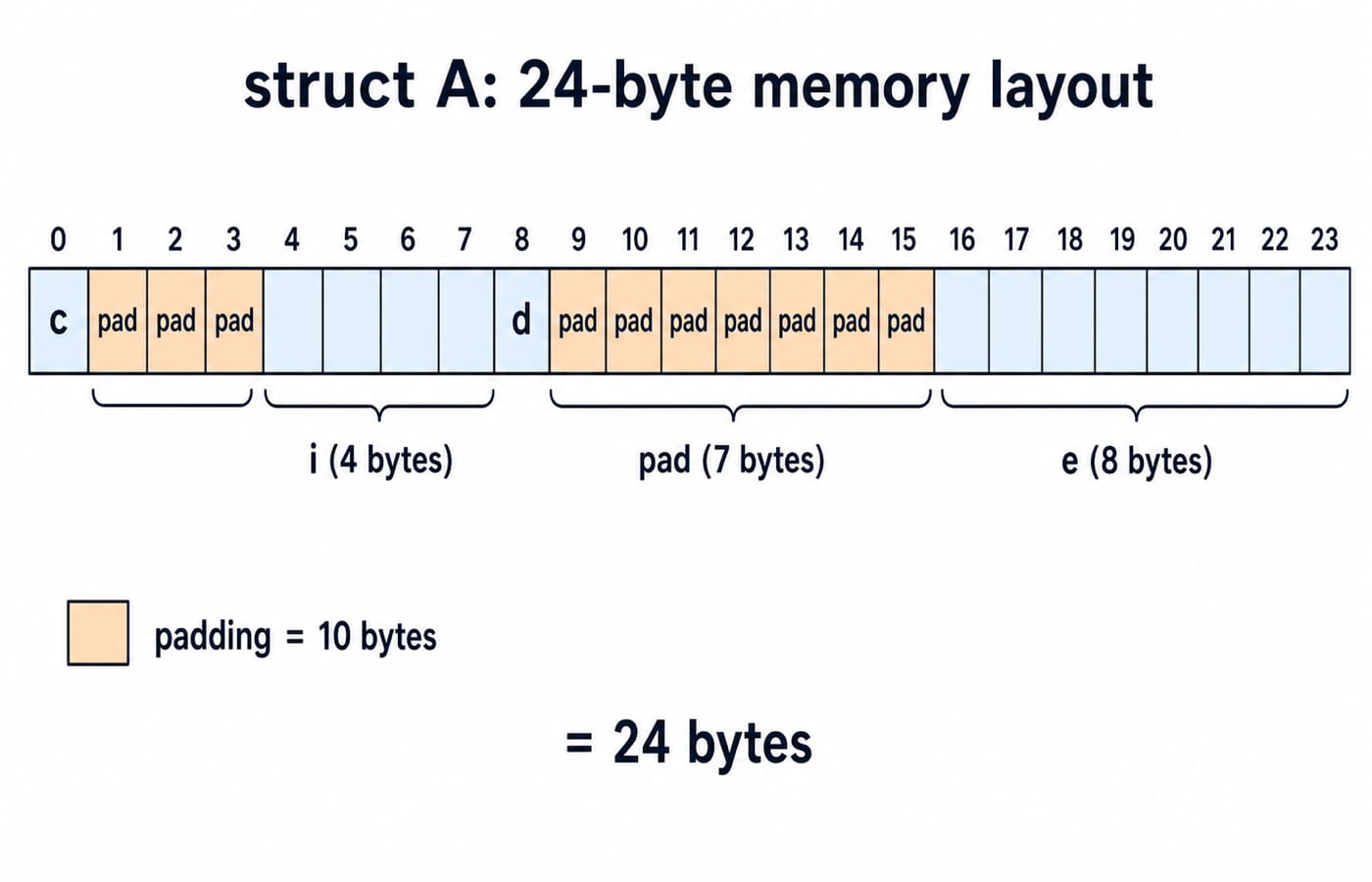 Byte strip for struct A across offsets 0 to 23: c at offset 0, three padding bytes at 1 to 3, i at 4 to 7, d at 8, seven padding bytes at 9 to 15, and e at 16 to 23, with the 10 padding bytes shaded and the total marked 24 bytes.