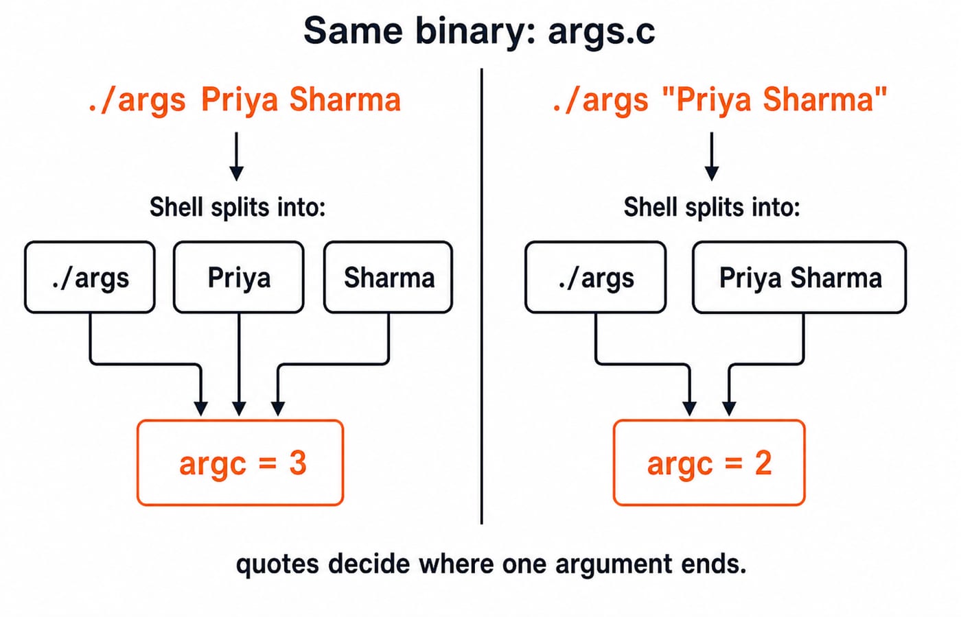 Shell splitting ./args Priya Sharma into three arguments so argc is 3, versus ./args "Priya Sharma" into two arguments so argc is 2.