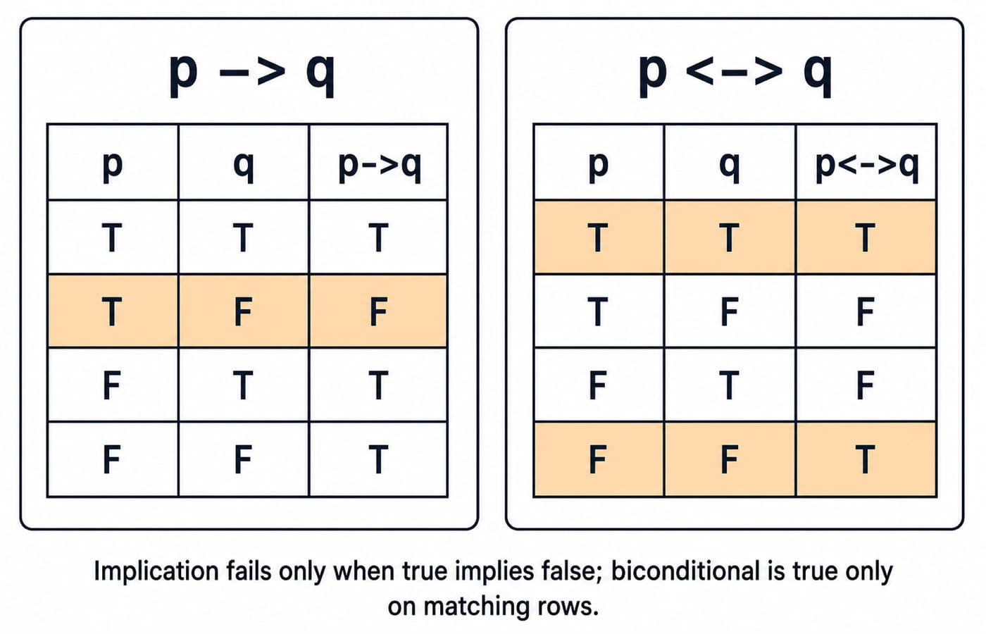 A two-panel truth table. Left panel titled "p -> q" with columns p, q, p->q and the four rows T T = T, T F = F, F T = T, F F = T, with the single F row (T F) highlighted. Right panel titled "p <-> q" with columns p, q, p<->q and rows T T = T, T F = F, F T = F, F F = T, with the two T rows (T T and F F) highlighted. Caption: "Implication fails only when true implies false; biconditional is true only on matching rows."