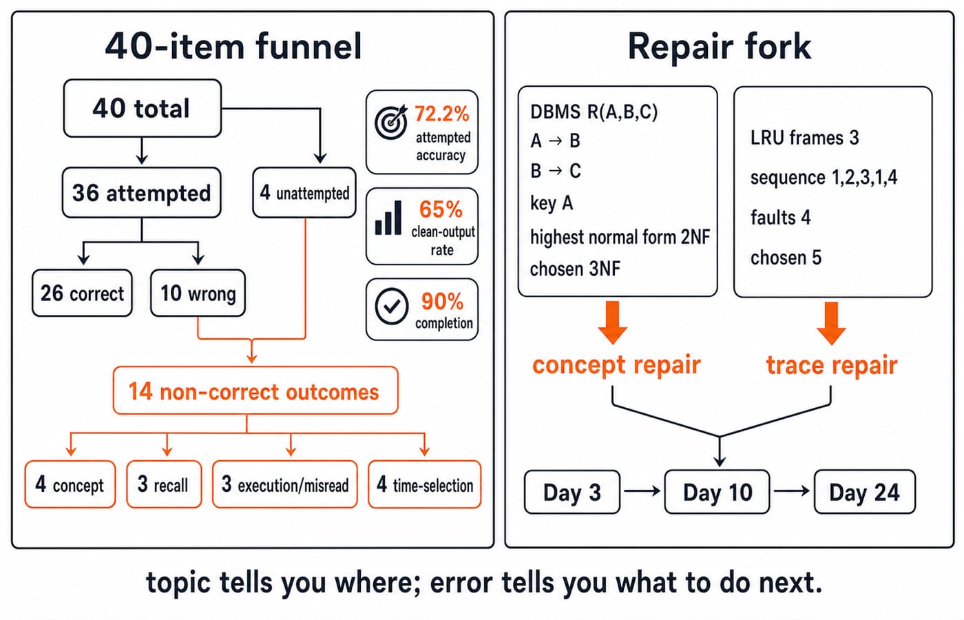Two-panel figure: a 40-item funnel showing 26 correct, 10 wrong and 14 tagged non-correct outcomes, beside a DBMS and LRU repair fork ending in Day 3, 10 and 24 retests.