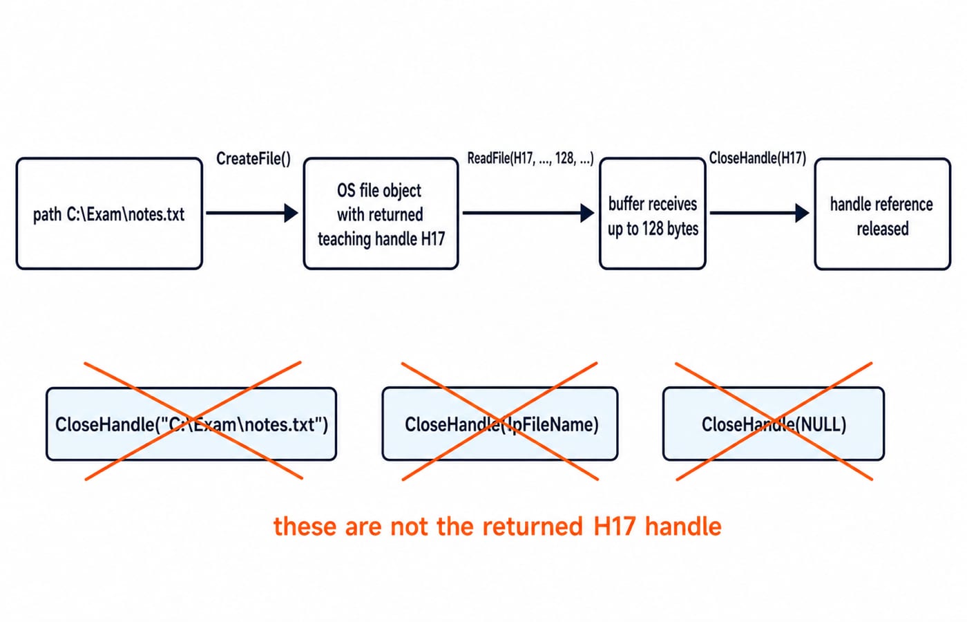 Handle lifecycle diagram: CreateFile opens C:\Exam\notes.txt and returns handle H17, ReadFile reads up to 128 bytes, CloseHandle(H17) releases it, and three struck-out boxes show a path, a filename pointer and NULL failing.